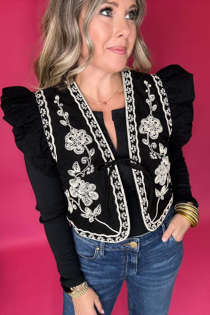 Little Miss Embroidered Crop Vest - Black