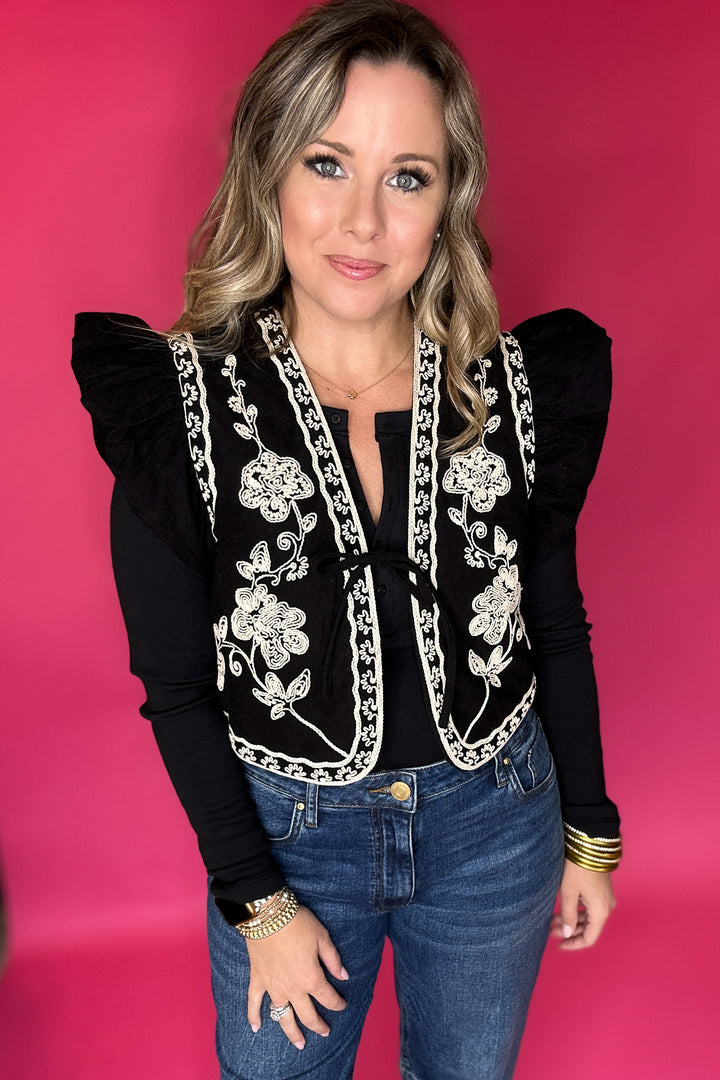 Little Miss Embroidered Crop Vest - Black