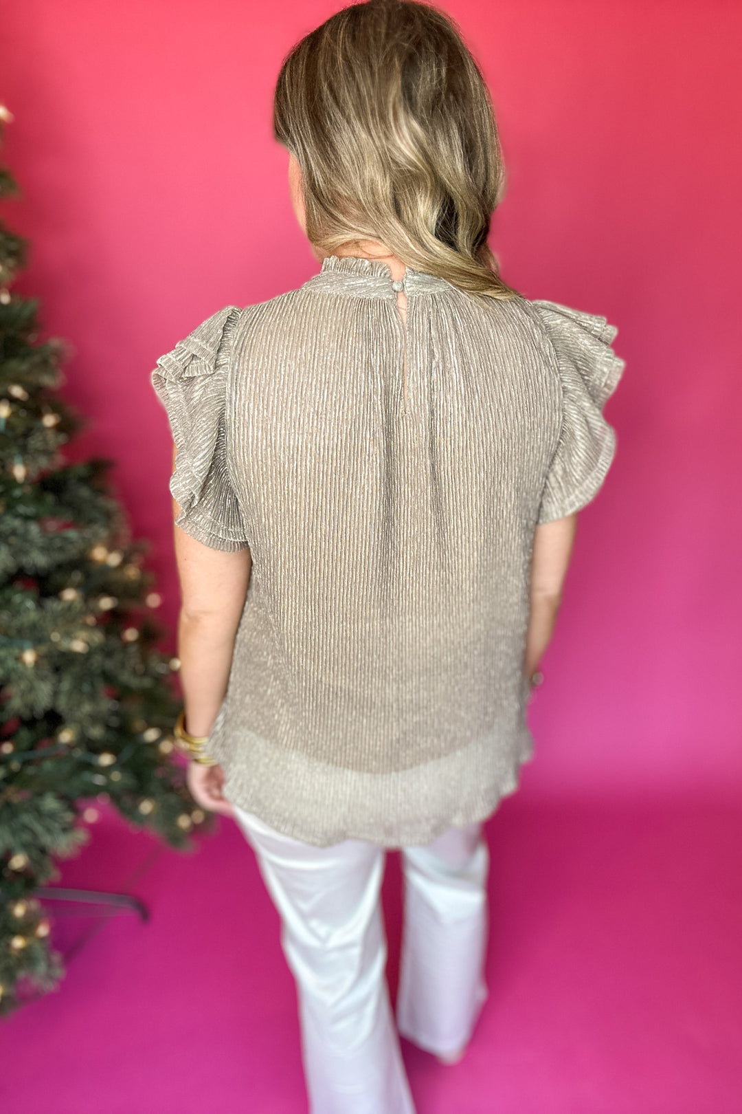 THML: Metallic High Neck Flutter Sleeve Top