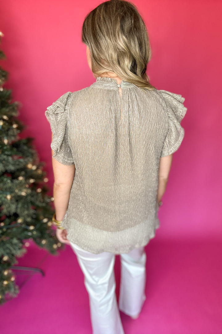 THML: Metallic High Neck Flutter Sleeve Top
