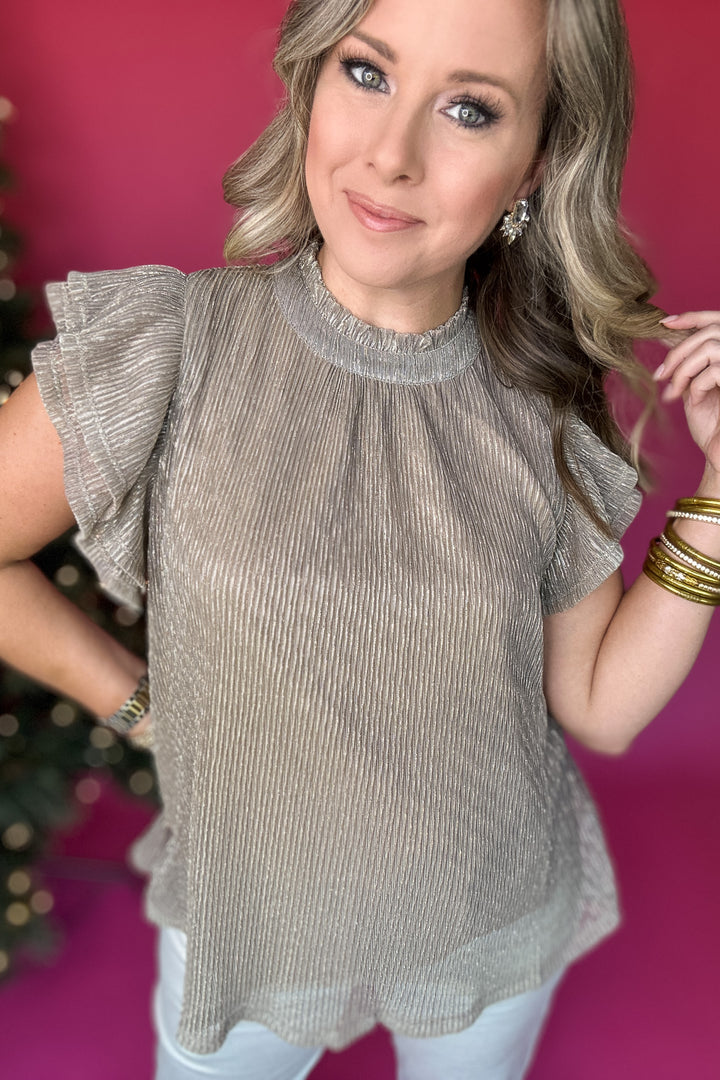 THML: Metallic High Neck Flutter Sleeve Top