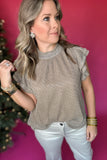 THML: Metallic High Neck Flutter Sleeve Top