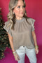 THML: Metallic High Neck Flutter Sleeve Top