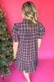 Plaid It Is Ruffle Dress - Navy