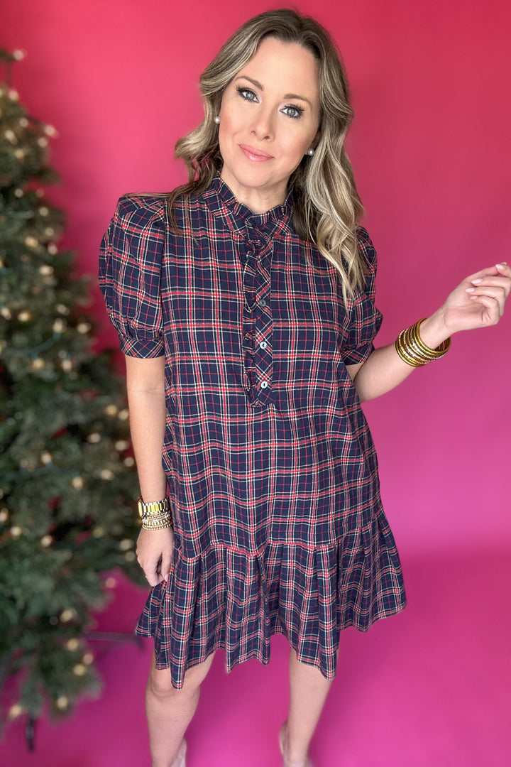 Plaid It Is Ruffle Dress - Navy