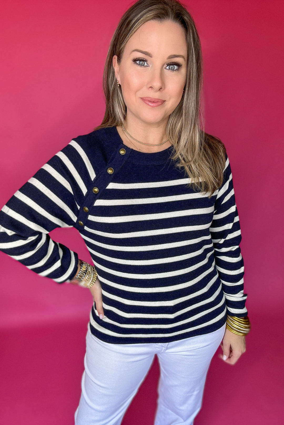 Harbor Stripe Button-Shoulder Sweater - Navy