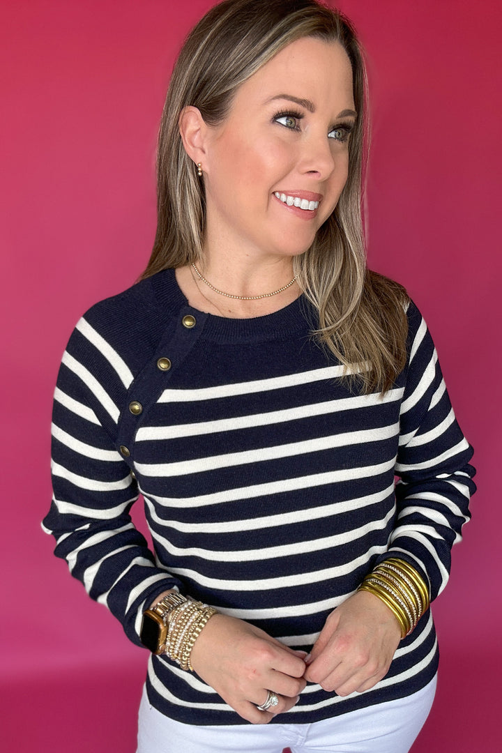 Harbor Stripe Button-Shoulder Sweater - Navy