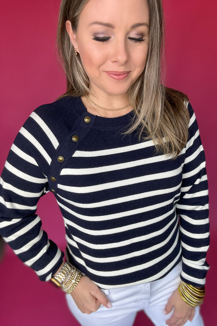 Harbor Stripe Button-Shoulder Sweater - Navy