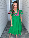 THML: Sweet Forever Embroidered Midi Dress - Green