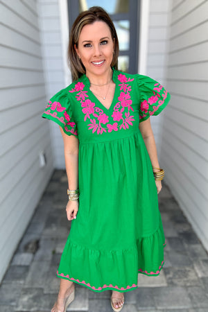 THML: Sweet Forever Embroidered Midi Dress - Green