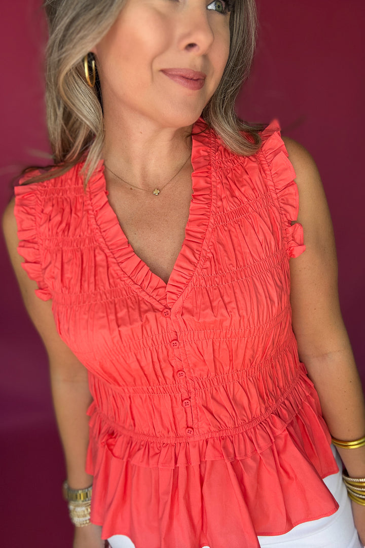 Flirt & Flutter Ruched Tank - Coral