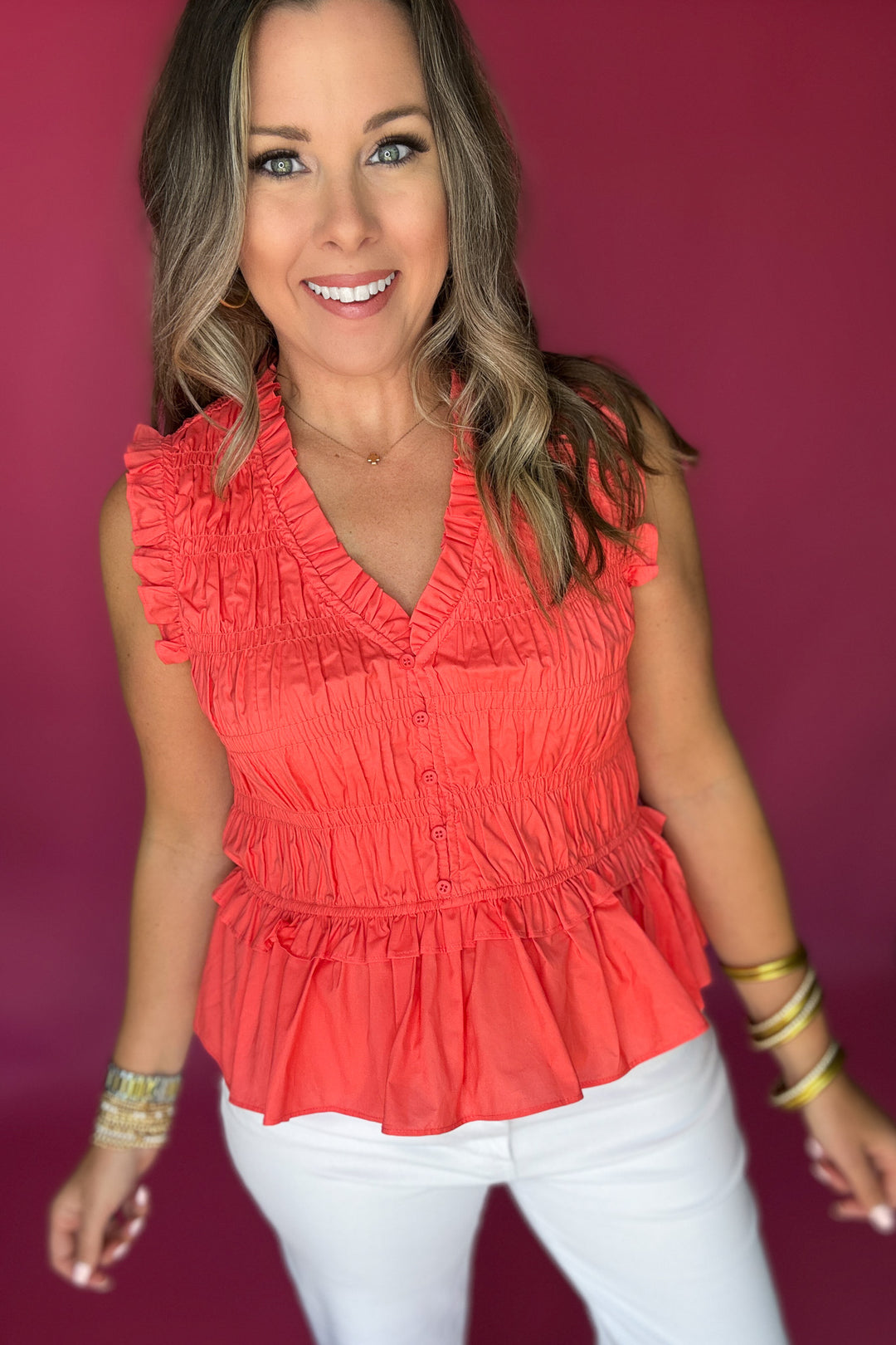 Flirt & Flutter Ruched Tank - Coral