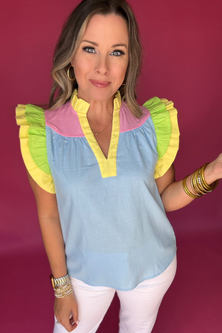 THML: Ruffle Color Block Top -  Light Blue