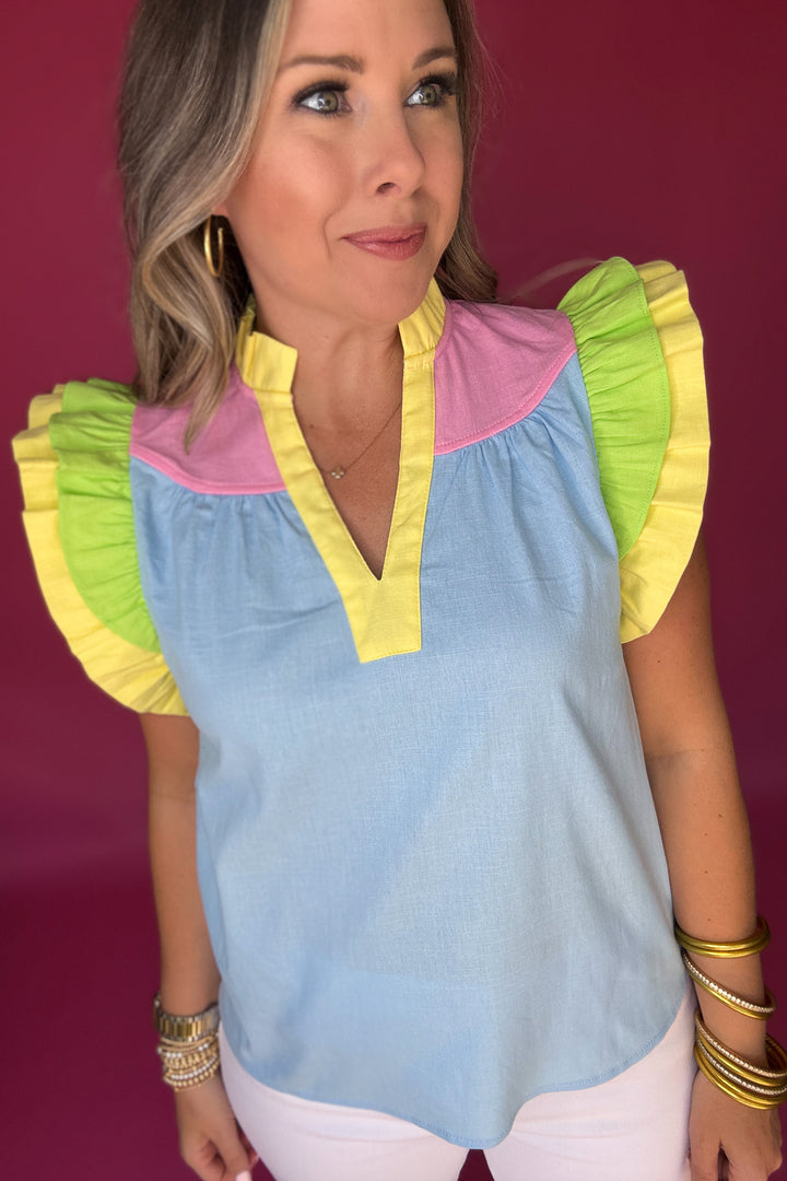 THML: Ruffle Color Block Top -  Light Blue