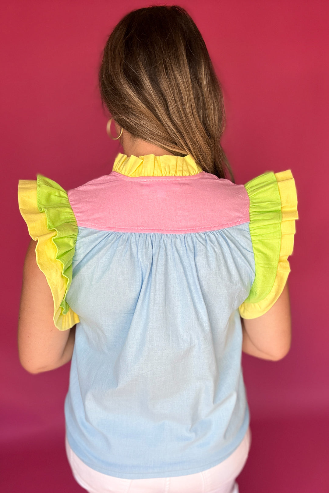 THML: Ruffle Color Block Top -  Light Blue