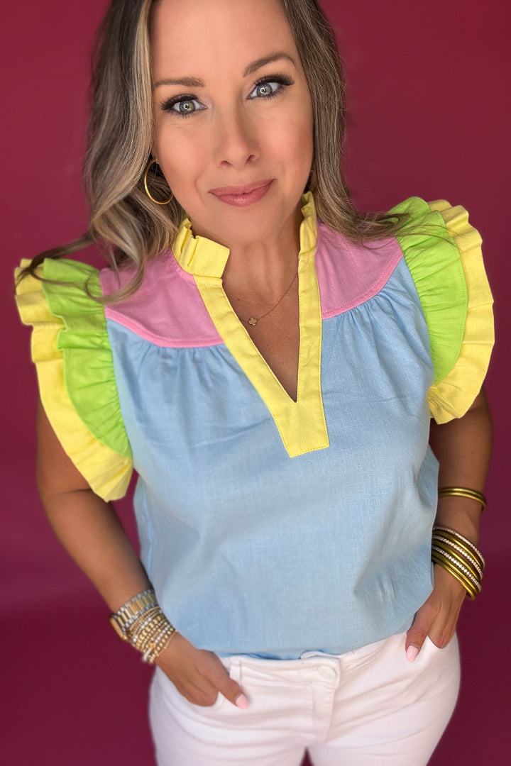 THML: Ruffle Color Block Top -  Light Blue