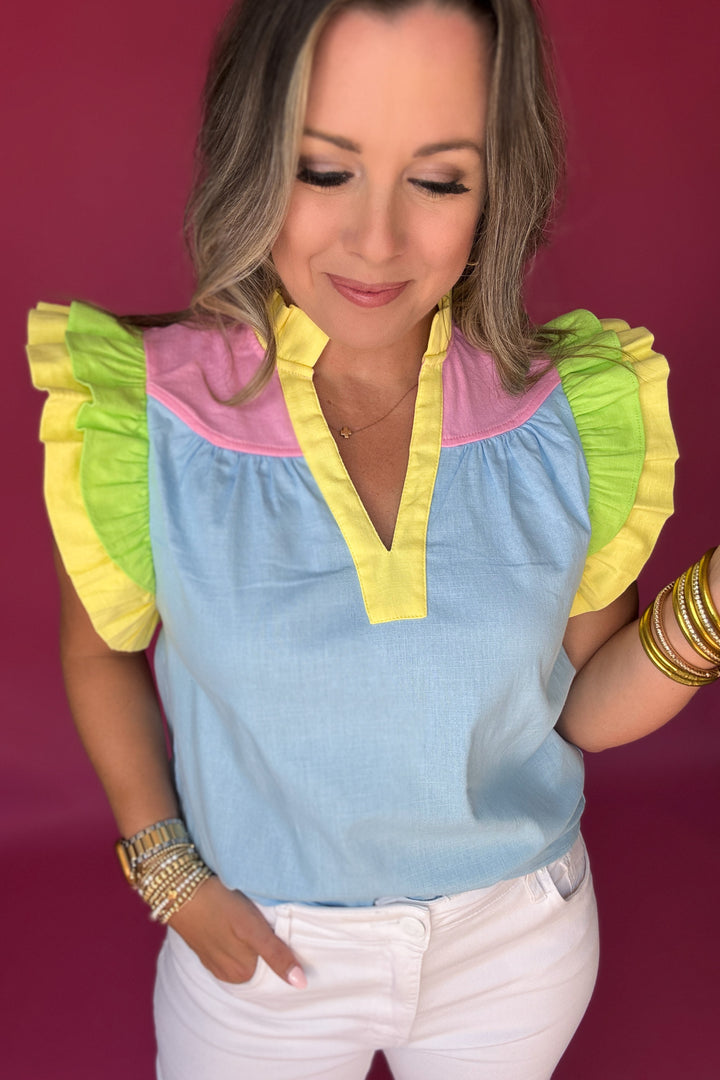 THML: Ruffle Color Block Top -  Light Blue
