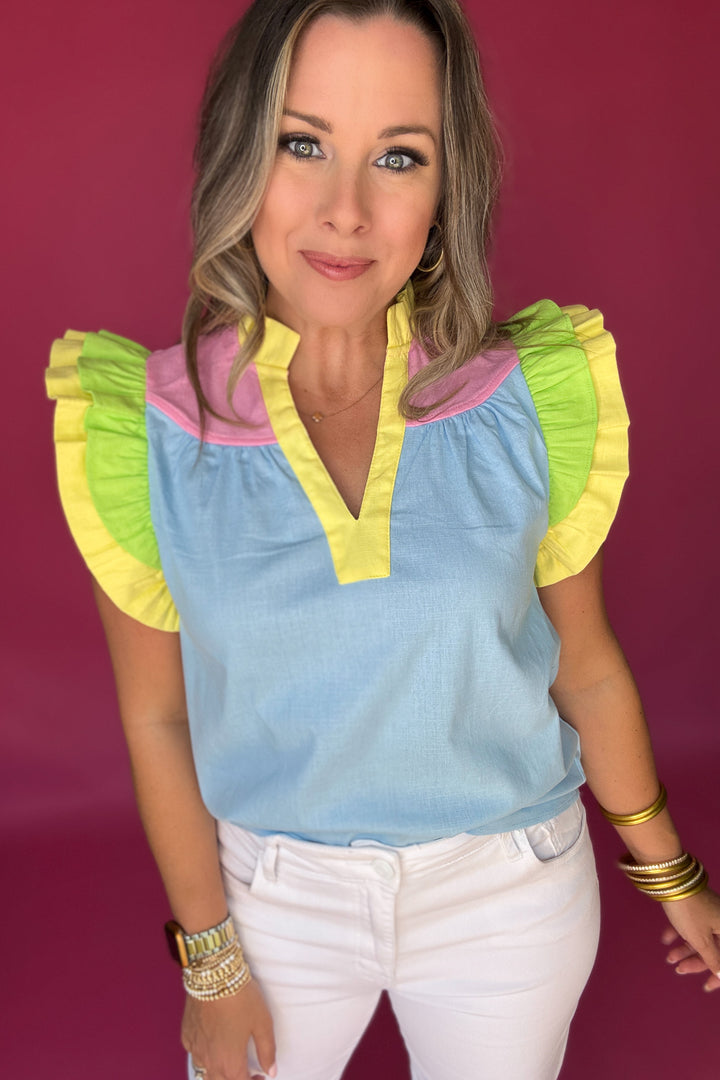 THML: Ruffle Color Block Top -  Light Blue
