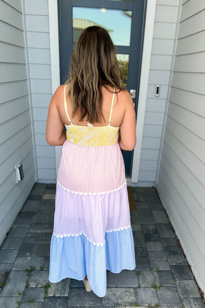 Sweetly Seersucker Midi Dress - Lemon Blue