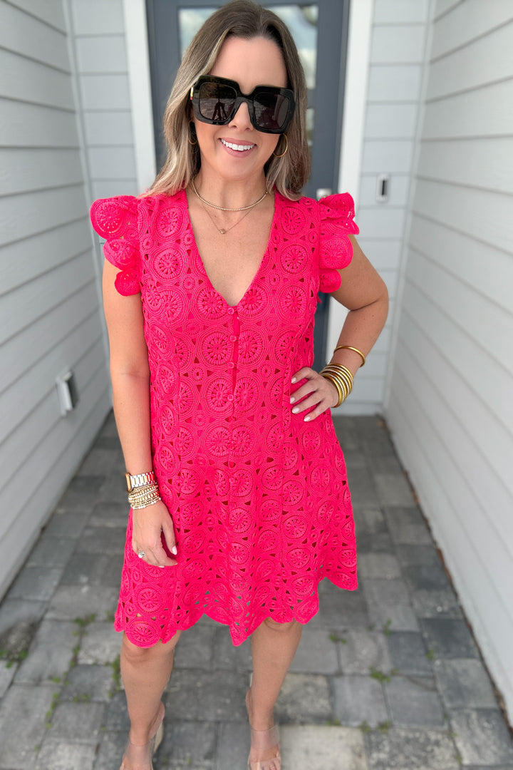 Sleeveless Crochet Mini Dress - RASPBERRY SORBET