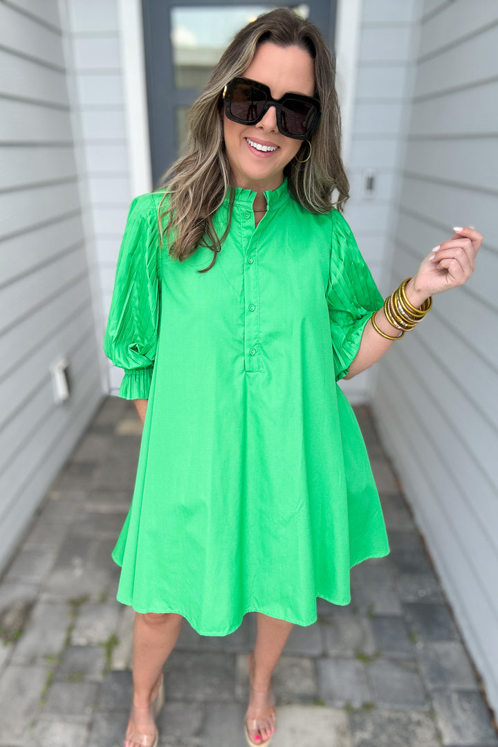 Pleated Perfection Shift Dress- Kelly Green