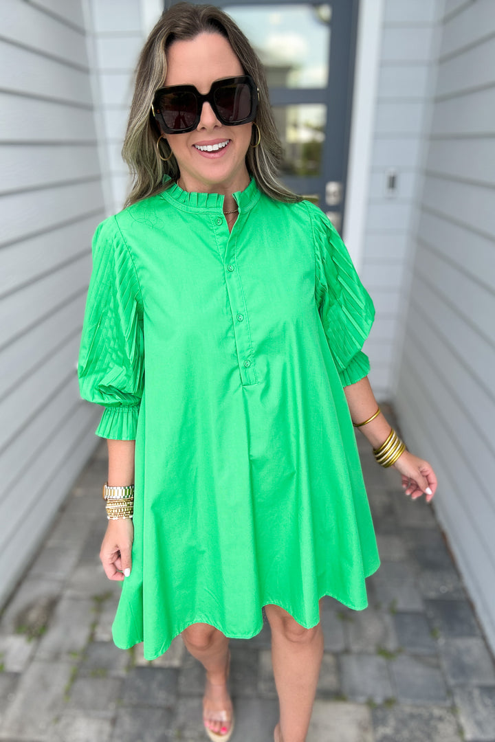 Pleated Perfection Shift Dress- Kelly Green