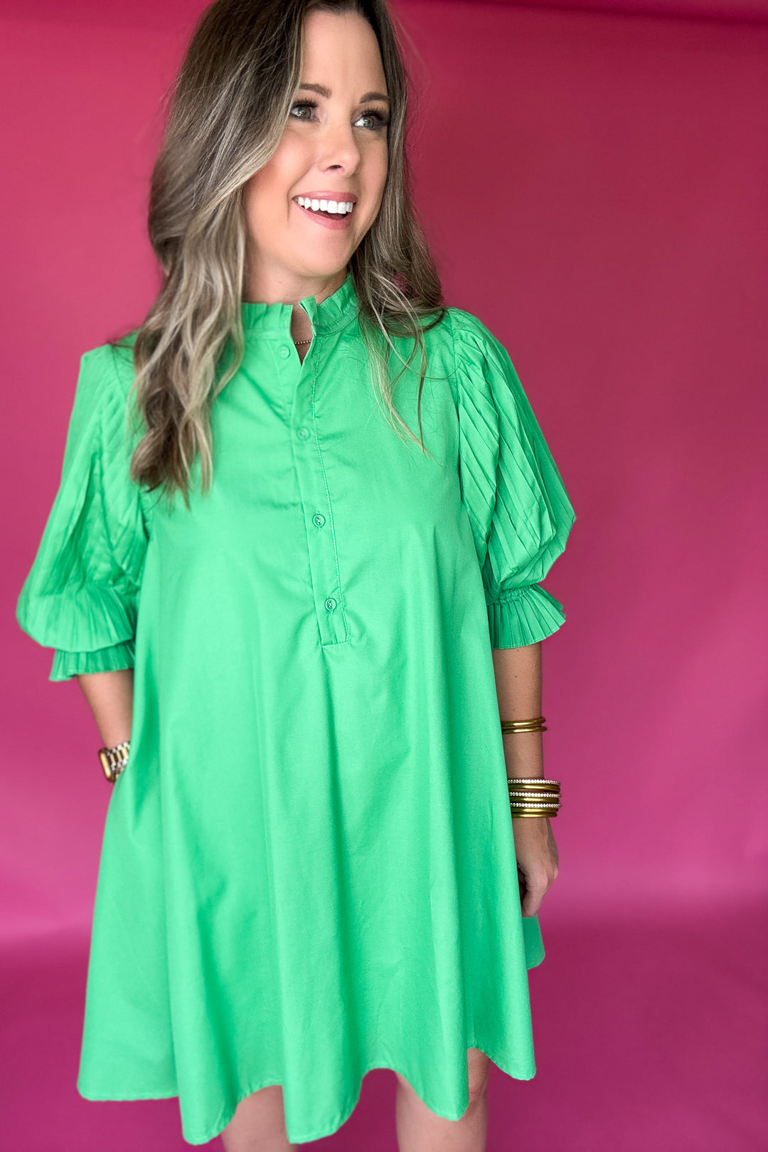 Pleated Perfection Shift Dress- Kelly Green