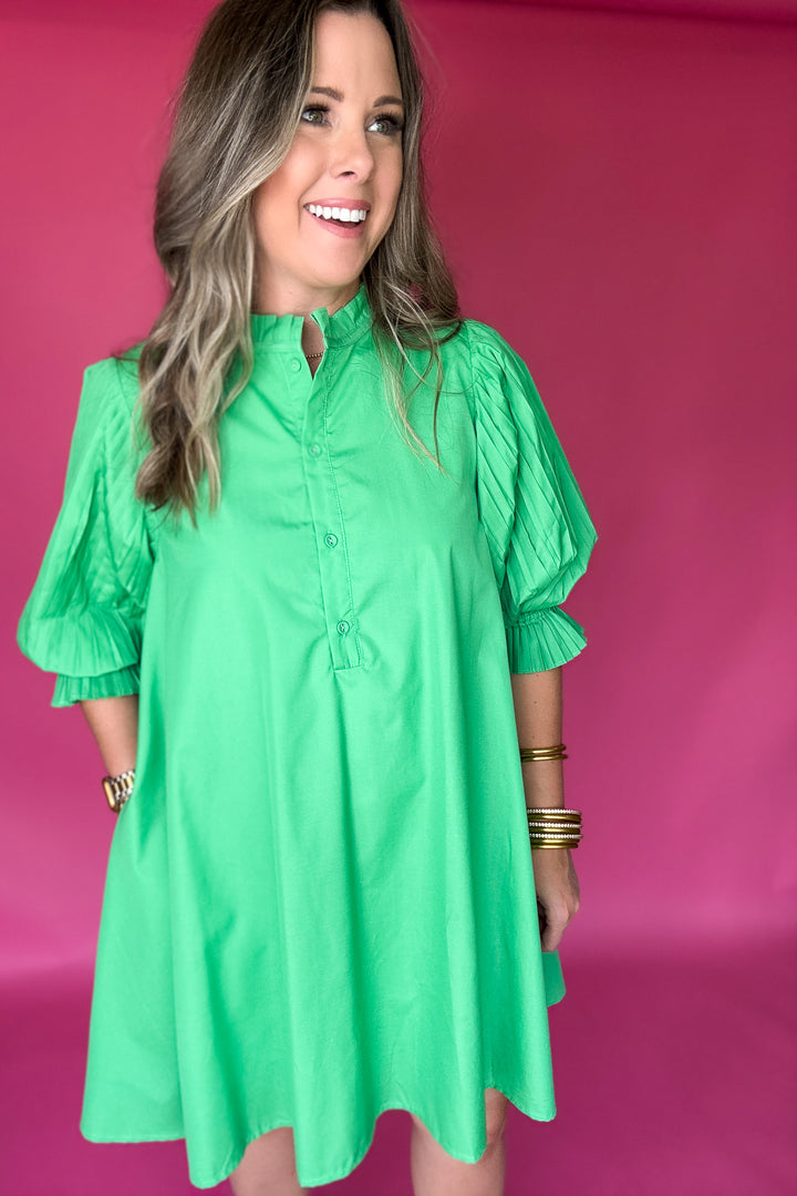 Pleated Perfection Shift Dress- Kelly Green