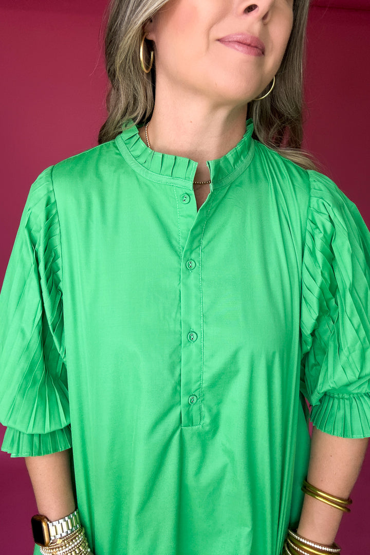 Pleated Perfection Shift Dress- Kelly Green
