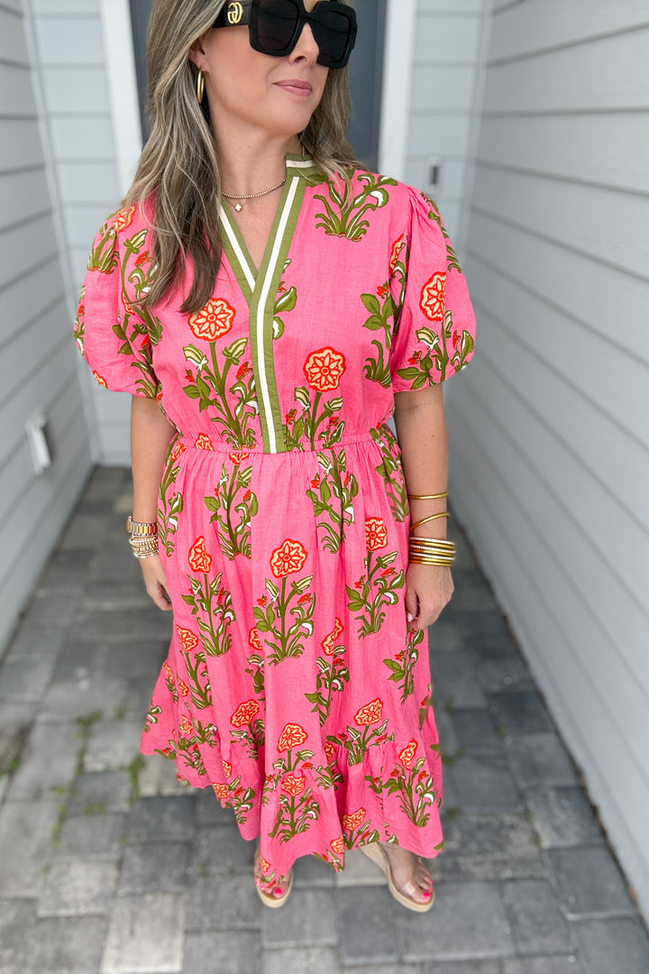 THML: Wishing It Floral Midi Dress - Pink