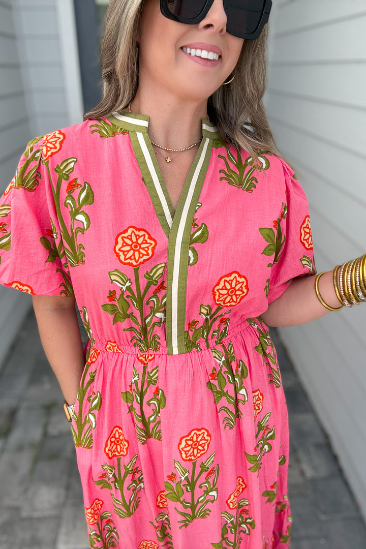 THML: Wishing It Floral Midi Dress - Pink