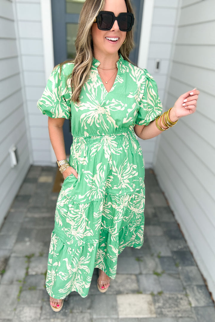 Softly Spoken Floral Midi Dress - Green