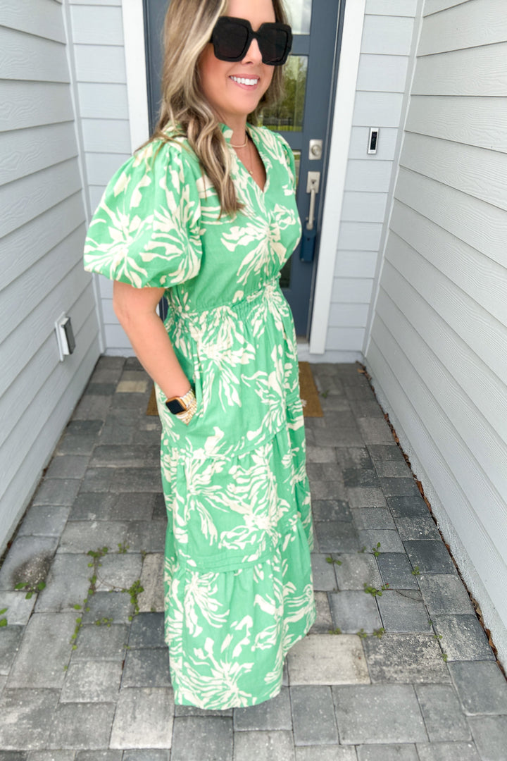 Softly Spoken Floral Midi Dress - Green