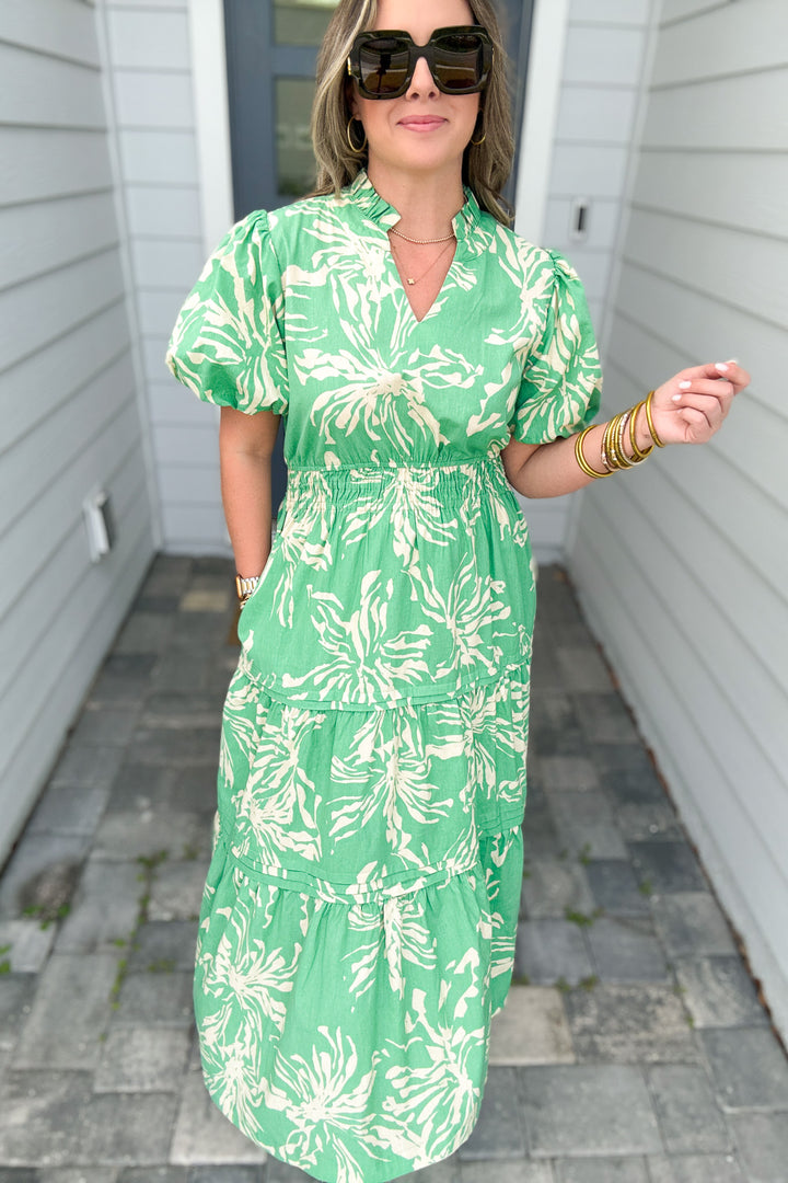 Softly Spoken Floral Midi Dress - Green