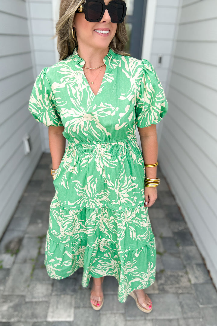 Softly Spoken Floral Midi Dress - Green