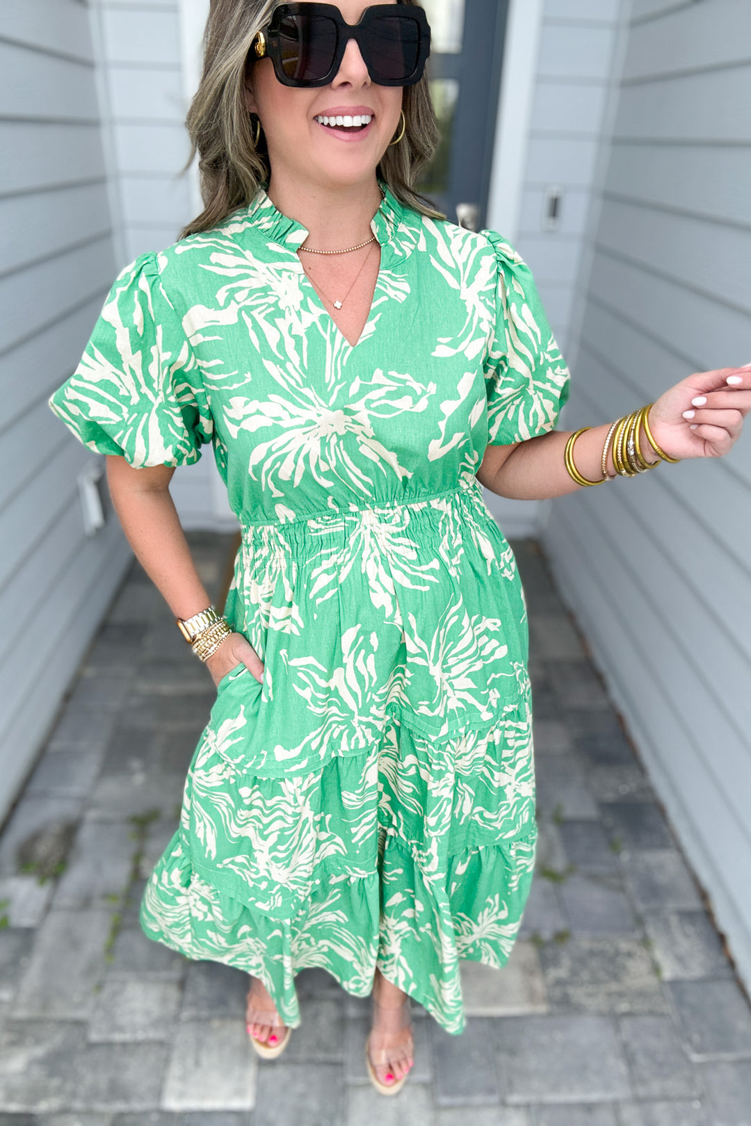 Softly Spoken Floral Midi Dress - Green