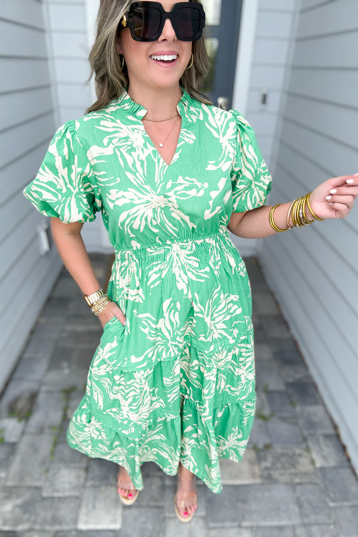 Softly Spoken Floral Midi Dress - Green