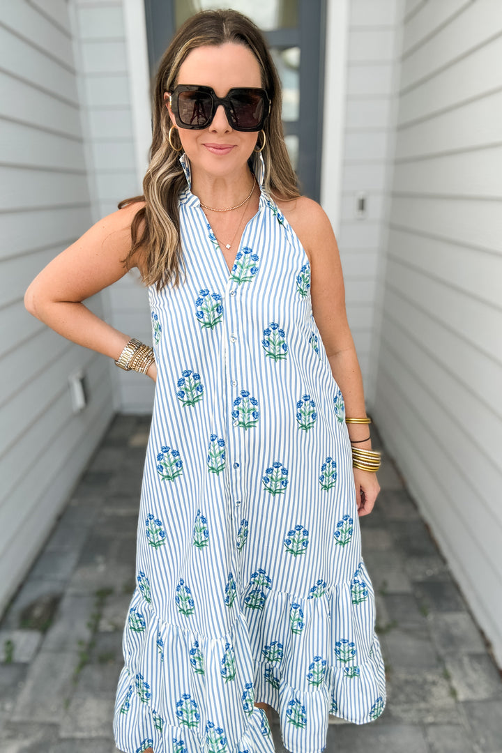 Beautiful Moment Stripe Floral Halter Dress