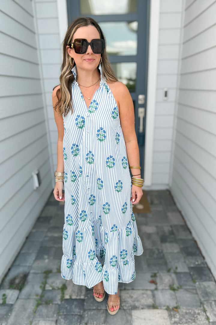 Beautiful Moment Stripe Floral Halter Dress