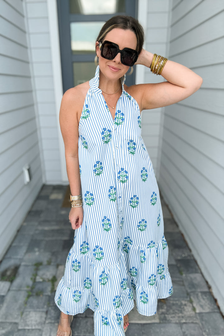 Beautiful Moment Stripe Floral Halter Dress