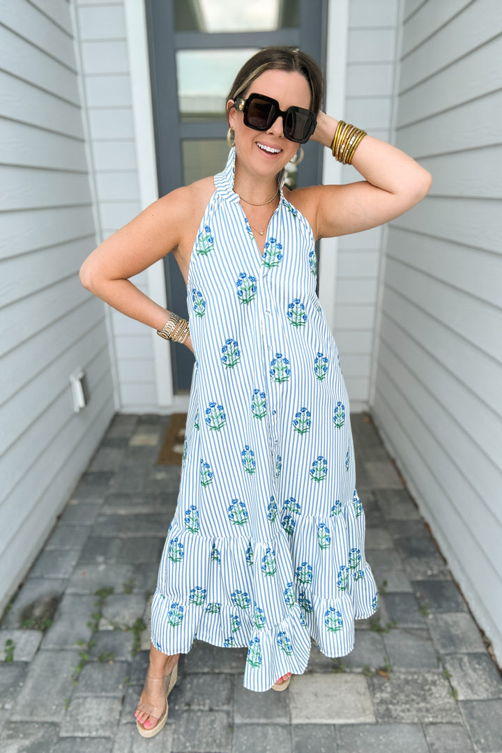 Beautiful Moment Stripe Floral Halter Dress