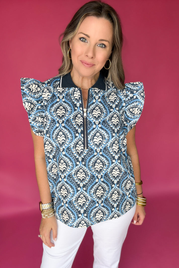 Keep It Up Damask Top - Navy