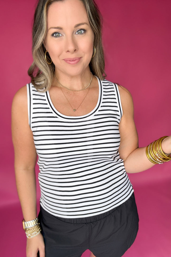 Spanx: Cotton Crewneck Tank - Classic Black Stripe