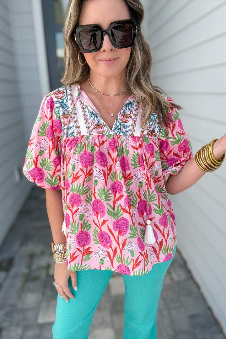 THML: Wildflower Puff Sleeve Blouse - Pink