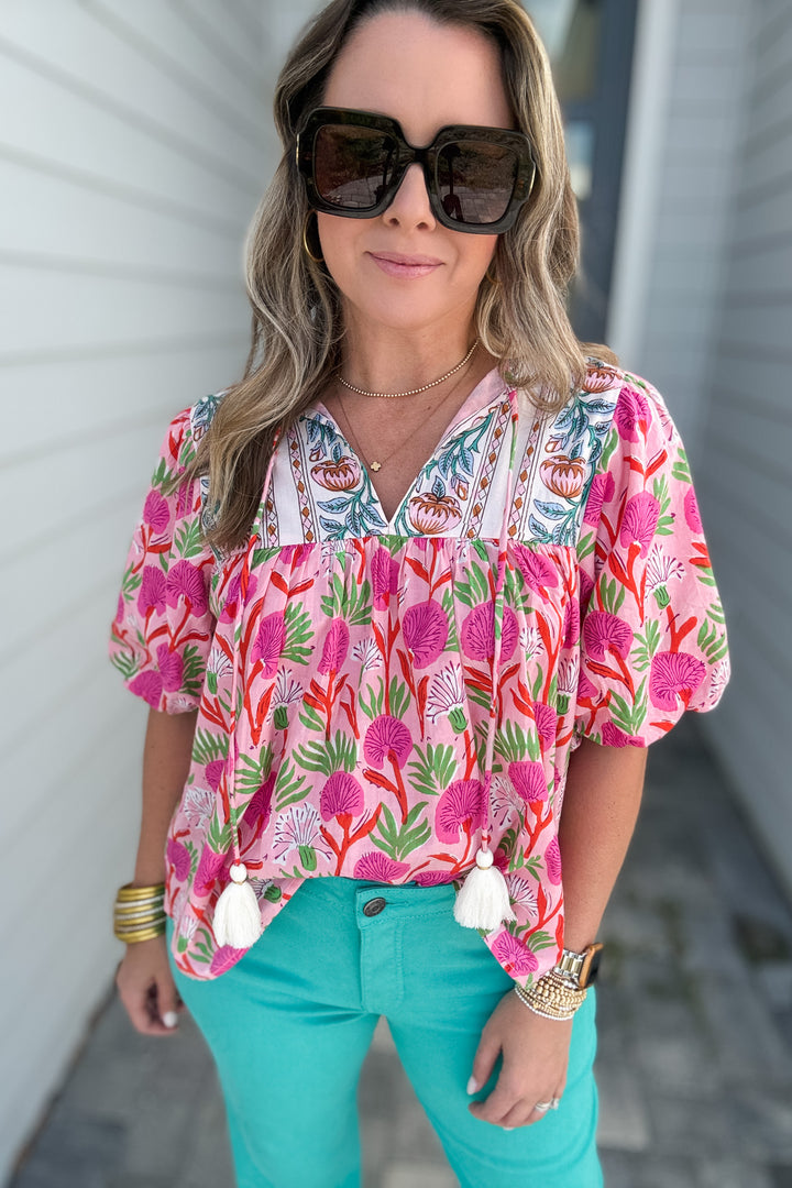 THML: Wildflower Puff Sleeve Blouse - Pink