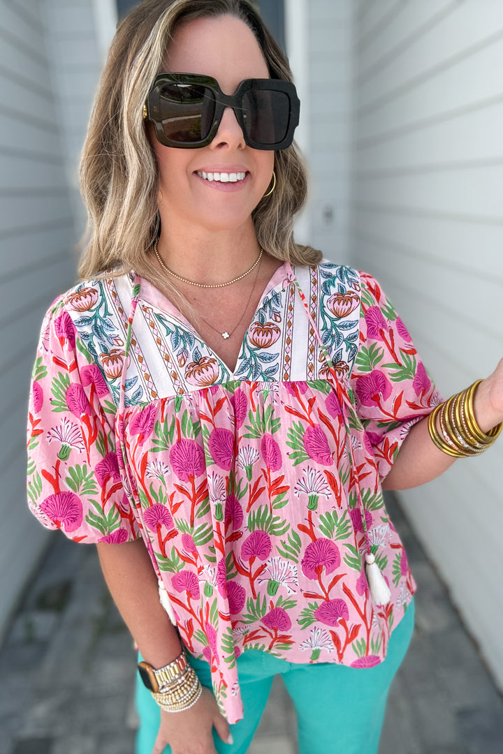THML: Wildflower Puff Sleeve Blouse - Pink