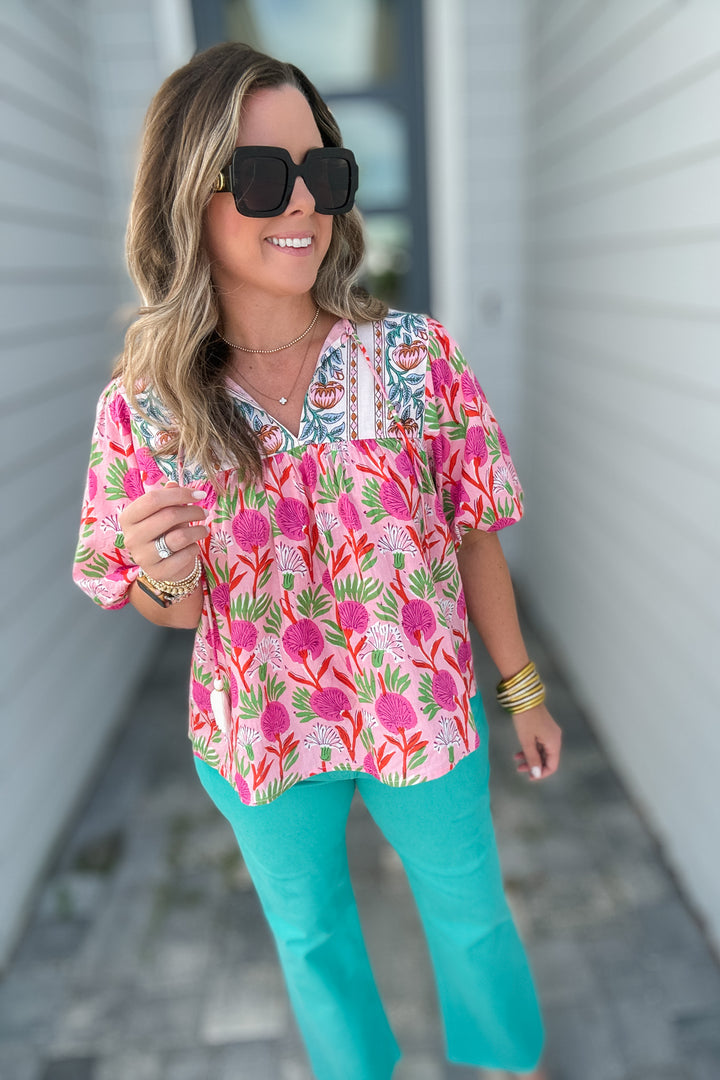 THML: Wildflower Puff Sleeve Blouse - Pink