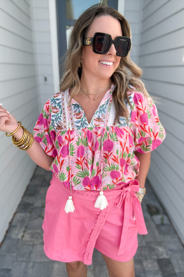 THML: Wildflower Puff Sleeve Blouse - Pink