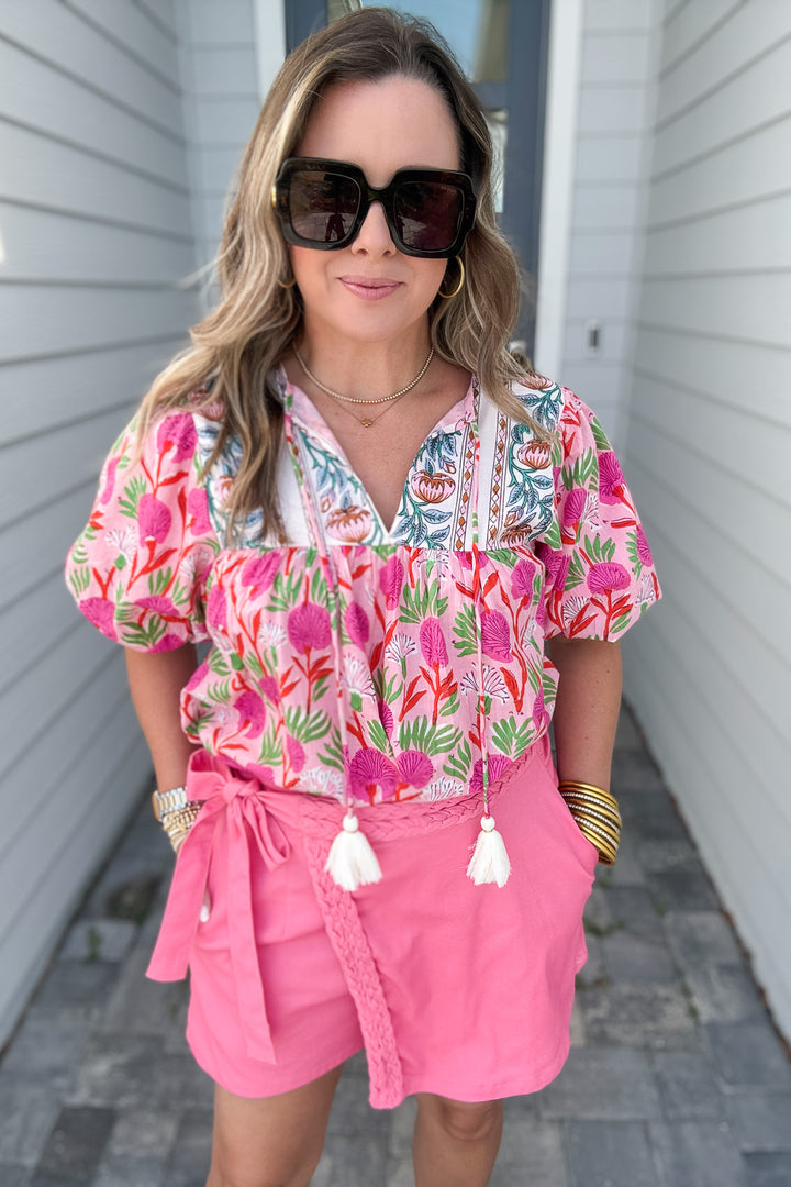 THML: Wildflower Puff Sleeve Blouse - Pink