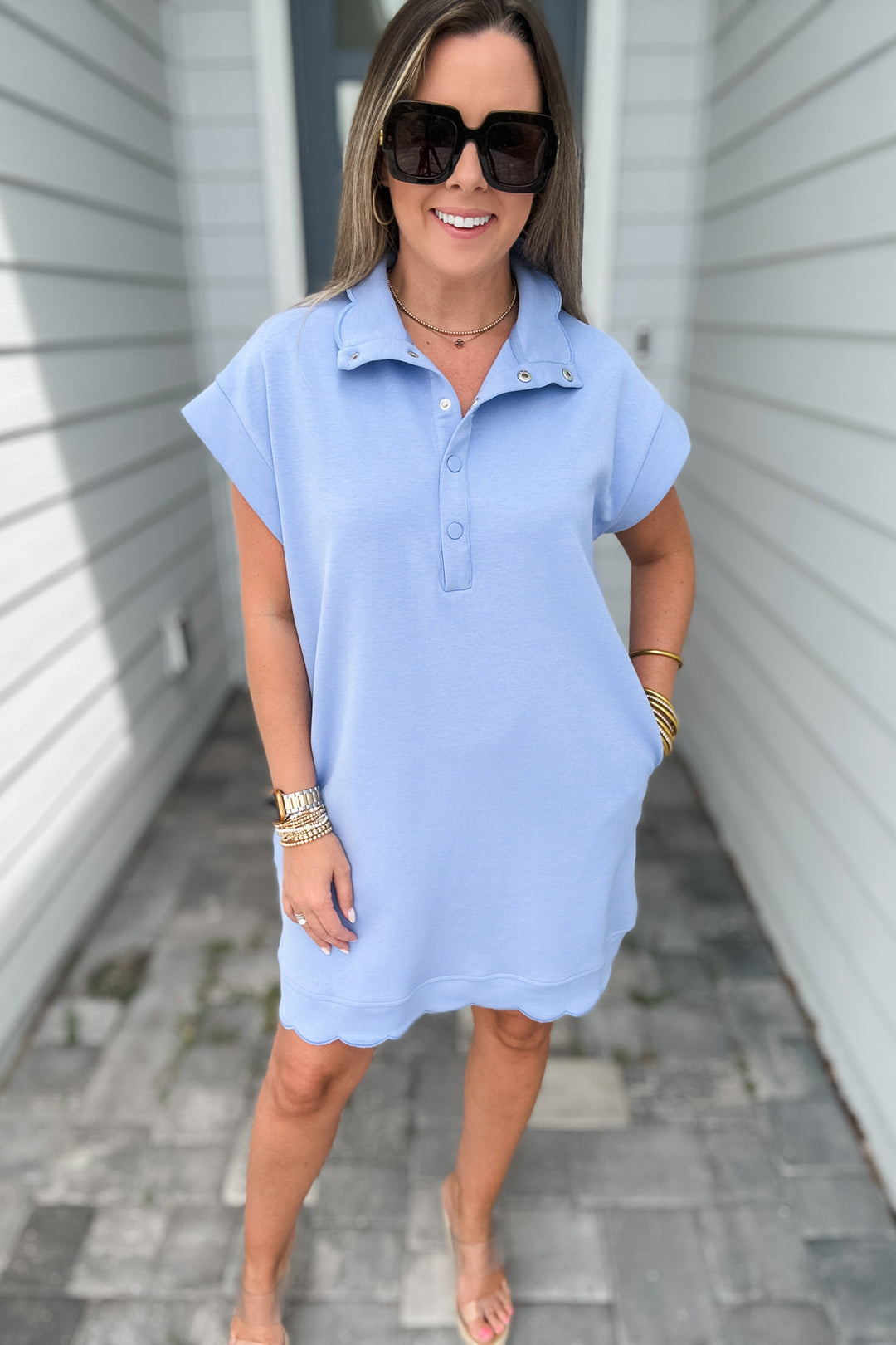 Scallop Trim Shift Dress - Blue